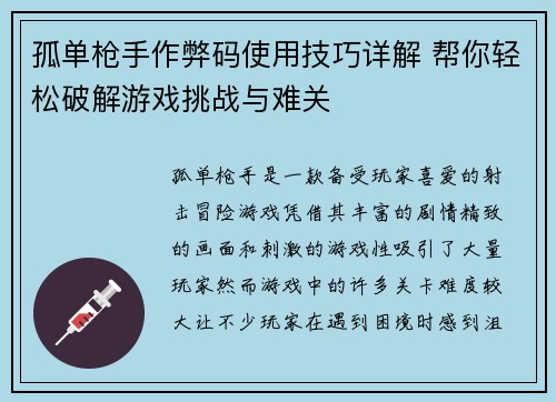 孤单枪手作弊码使用技巧详解 帮你轻松破解游戏挑战与难关