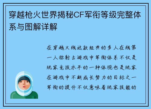 穿越枪火世界揭秘CF军衔等级完整体系与图解详解